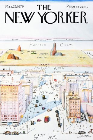 New Yorker Cover - 《纽约客》杂志封面，“第九大道看到的世界”。