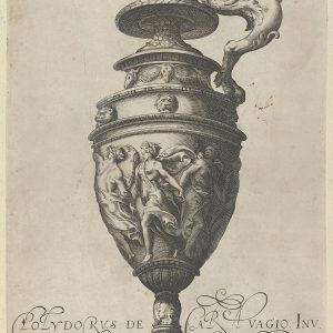盘子10：带有格里芬形状的手柄的带盖花瓶和带有垂褶舞蹈人物的带状装饰，来自古董花瓶（Vasa a Polydoro Caravagino'）
