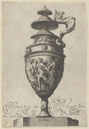 盘子10：带有格里芬形状的手柄的带盖花瓶和带有垂褶舞蹈人物的带状装饰，来自古董花瓶（Vasa a Polydoro Caravagino'）