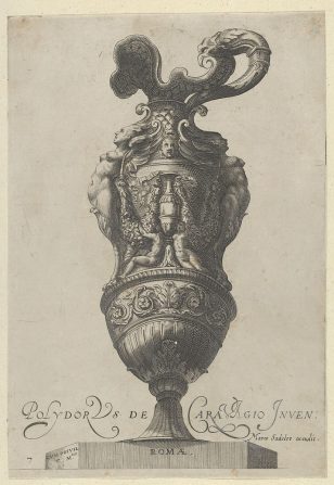 盘子7：用花瓶和两个大女性人物装饰的花瓶装饰的花瓶或水壶，其腿变成格里芬爪，来自古董花瓶（Vasa a Polydoro Caravagino）