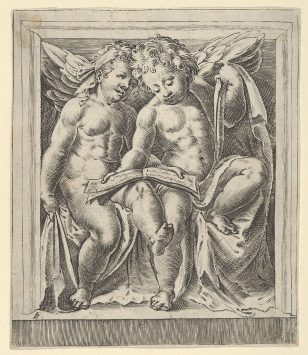 两个坐着的天使，面向左边，读着一本歌书，从天使的演唱会。