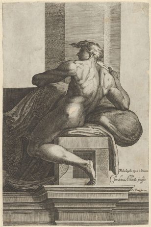 一名裸体男子(伊格努多)，坐在西斯廷教堂米开朗基罗的《最后的审判》壁画后，面向左边