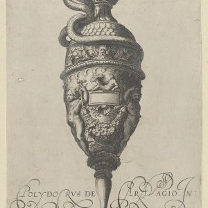 盘子9:古董花瓶(“Vasa a Polydoro Caravagino”)中的花瓶或水罐，上面有一个蛇形手柄，两个Putti托着一个花环。