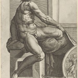 米开朗基罗在西斯廷教堂的壁画《最后的审判》之后，一名裸体男子(伊格努多)拿着窗帘，向右扭动身体