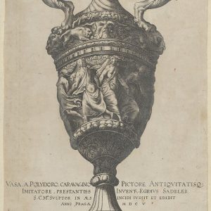 1：描绘了一个双柄底座，上面有跳舞的仙女，来自古董花瓶(Vasa a Polidoro Caravagino)