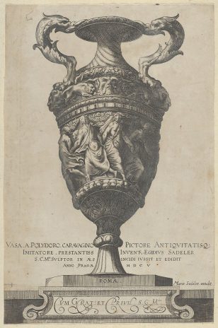 1：描绘了一个双柄底座，上面有跳舞的仙女，来自古董花瓶(Vasa a Polidoro Caravagino)