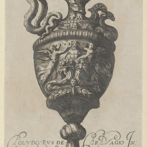 盘子8:装饰有萨提尔雕像的花瓶或壶，在两个丰盈的皮囊后面，还有两个有翅膀的胜利雕像，来自古董花瓶(“Vasa a Polydoro Caravagino”)