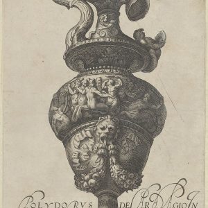 盘子4：带有美人鱼和半人马的弗里兹的花瓶或大口水壶，以及带有花环和缎带的狮子头下方，来自古董花瓶（'Vasa a Polydoro Caravagino'）