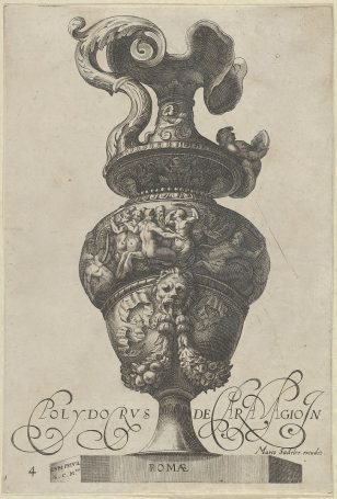 盘子4：带有美人鱼和半人马的弗里兹的花瓶或大口水壶，以及带有花环和缎带的狮子头下方，来自古董花瓶（'Vasa a Polydoro Caravagino'）