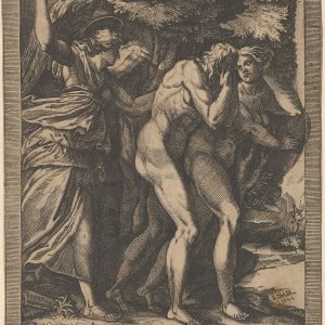 亚当和夏娃被驱逐，身后有一位天使挥舞着剑。