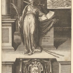 圣苏珊娜在一间屋子里，左手拿着一本打开的书，右手拿着一只手掌，从右边的窗户和底部中央可以看到一幅风景，一件手臂的外衣。