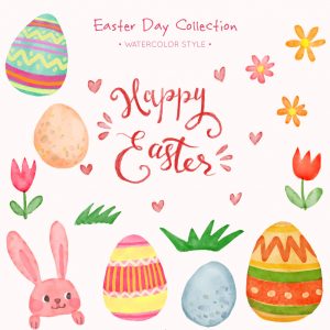 彩绘复活节兔子和6个彩蛋矢量素材