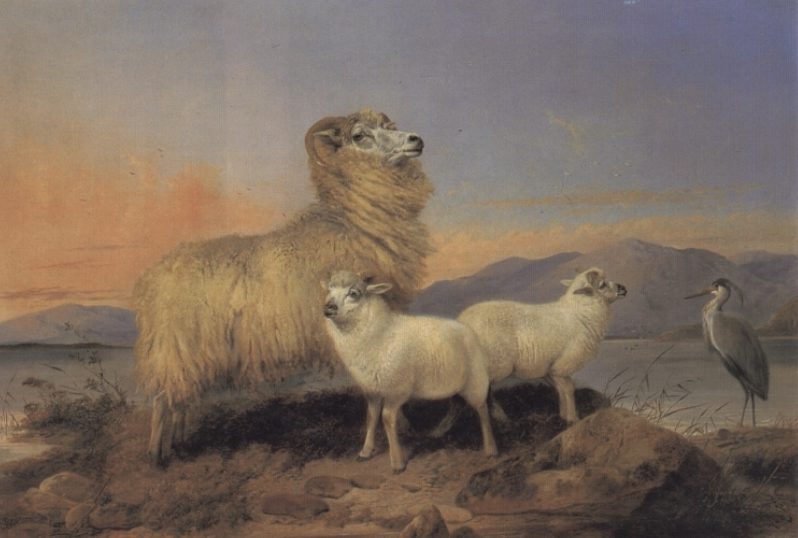 .英国《A Ewe with Lambs and a Heron Beside a Loch》理查德·安斯德尔 Richard Ansdell