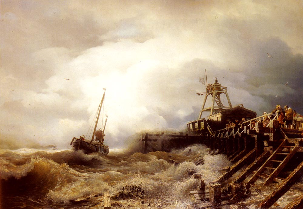 《A Fishing Boat Caught In A Squall Off A Jetty》安德烈亚斯·阿亨巴赫Achenbach Andreas