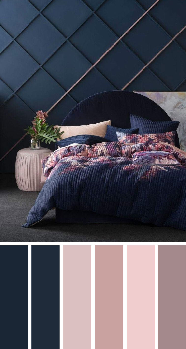 深蓝色淡紫色和腮红 卧室配色方案