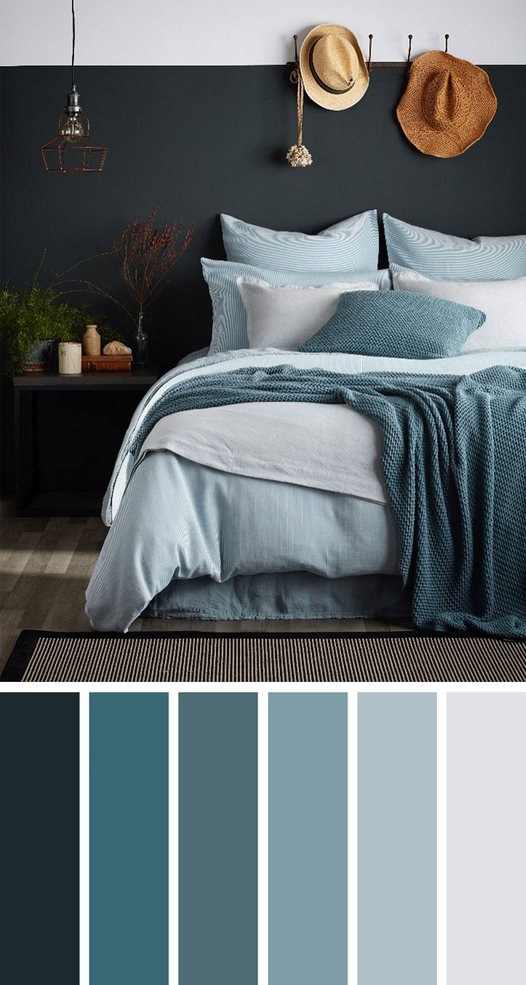 木炭蓝色和蓝绿色 卧室配色方案