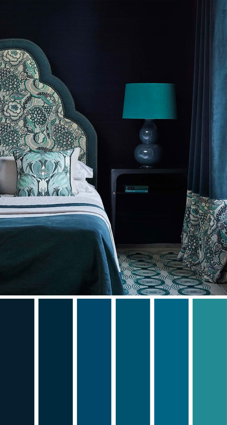 深蓝色和蓝绿色 卧室配色方案