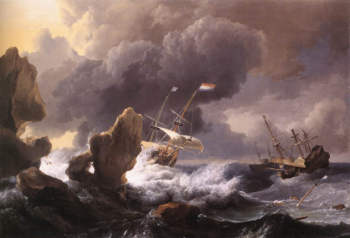 .《Ships in Distress off a Rocky Coast》ludolf backhuysen-卢多尔夫·巴克赫伊森-荷兰画家