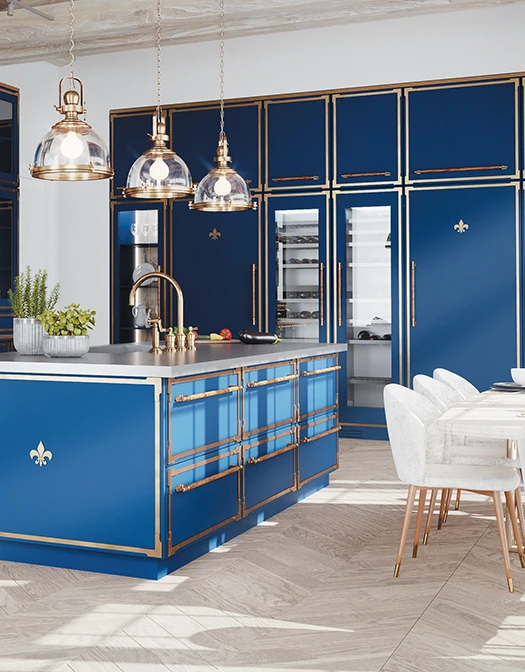 In the South of France, an extraordinary seaside kitchen reflects the Mediterranean with a French-blue custom cooking suite, cabinetry, and matching appliances