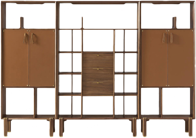 序构 北欧风北美黑胡桃真皮黄铜书架